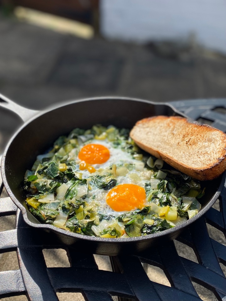 Campfire Eggs with Leeks & Foraged Greens